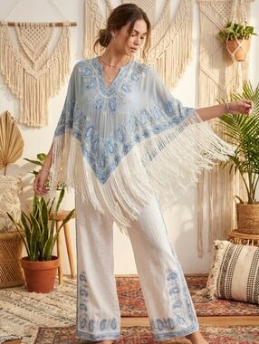 Tanja Pignatelli Vintage Silk Fringe Beaded Light Blue And Ivory Poncho